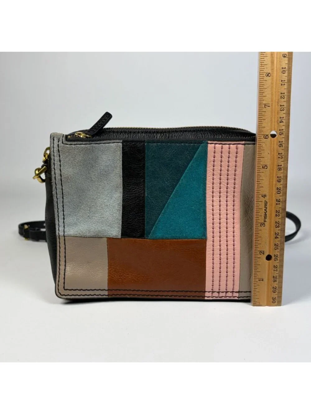 Fossil Campbell Geometric Suede Patchwork Leather Crossbody Bag Purse Boho